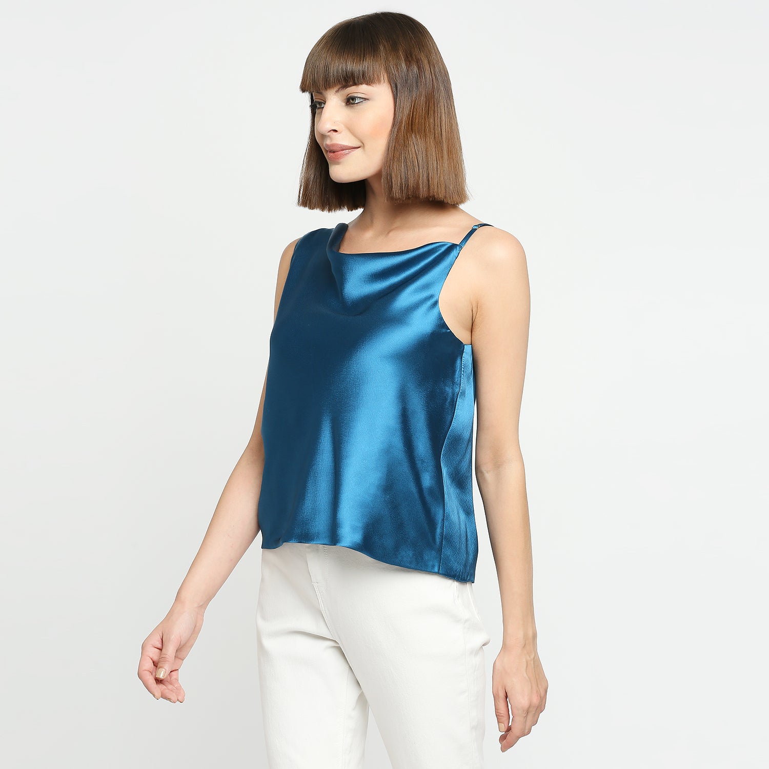 Teal Blue Japan Satin One-Shoulder Spaghetti Strap Top