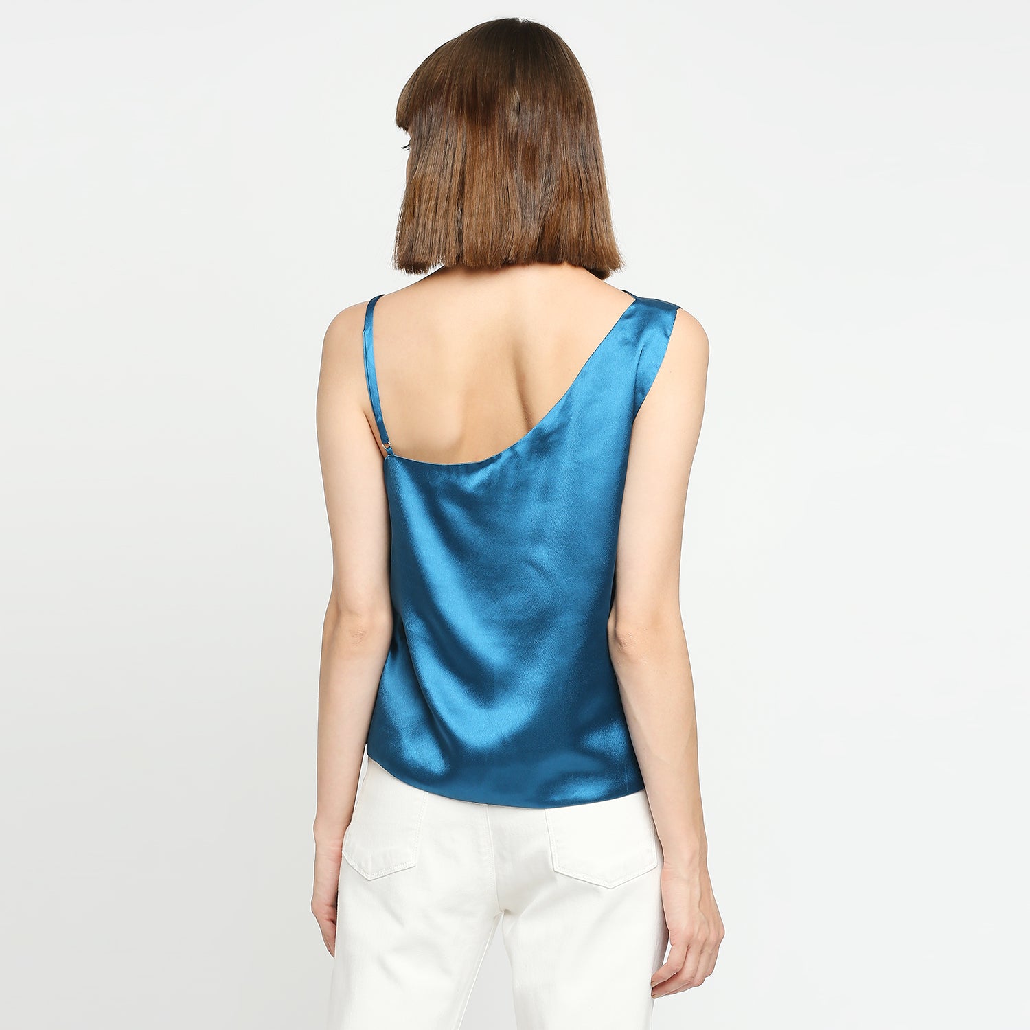 Teal Blue Japan Satin One-Shoulder Spaghetti Strap Top