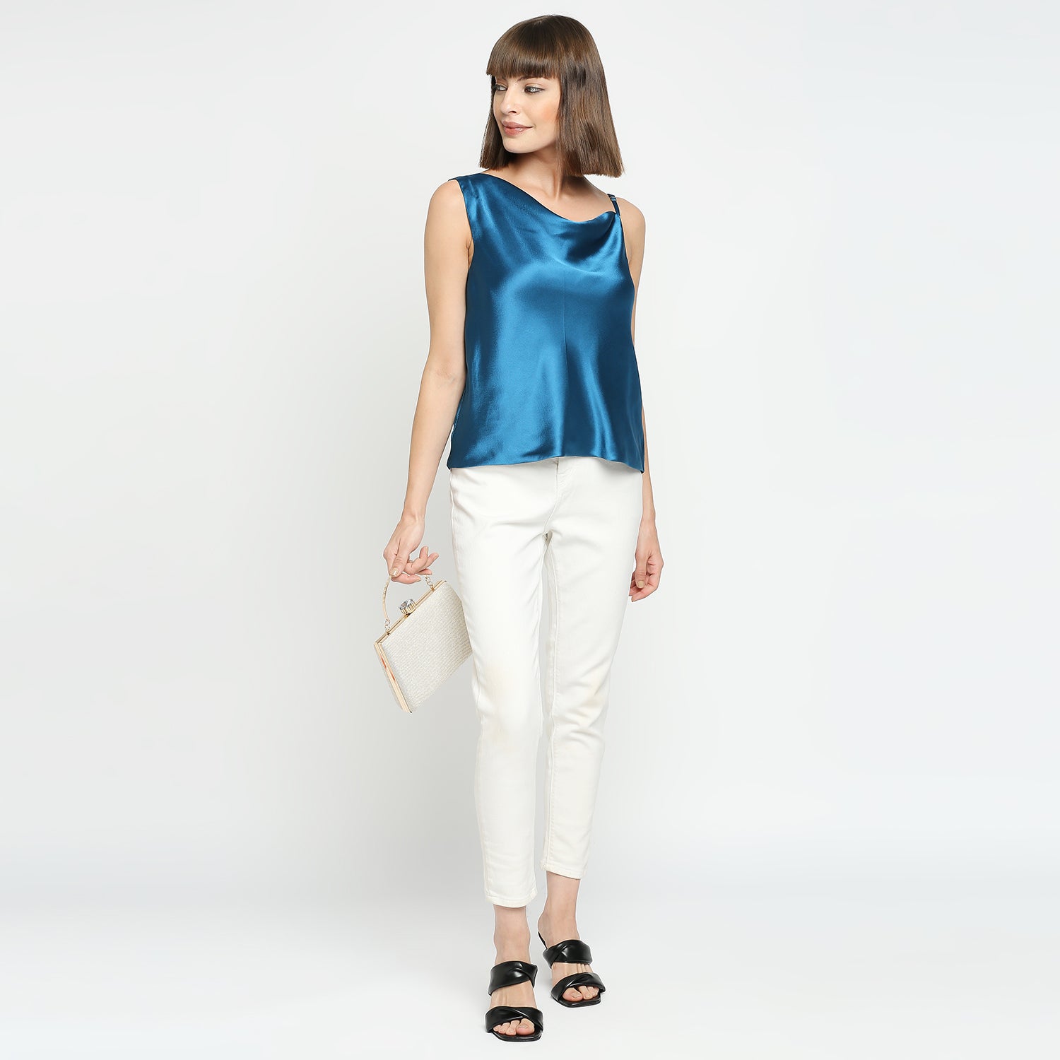 Teal Blue Japan Satin One-Shoulder Spaghetti Strap Top