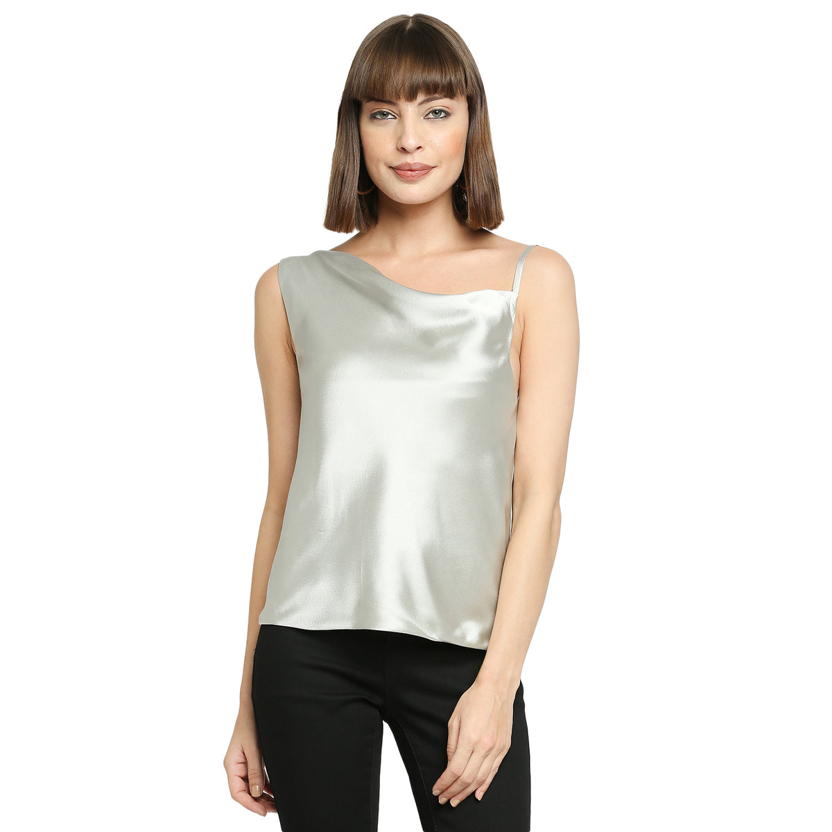 Silver Mist Japan Satin One-Shoulder Spaghetti Strap Top