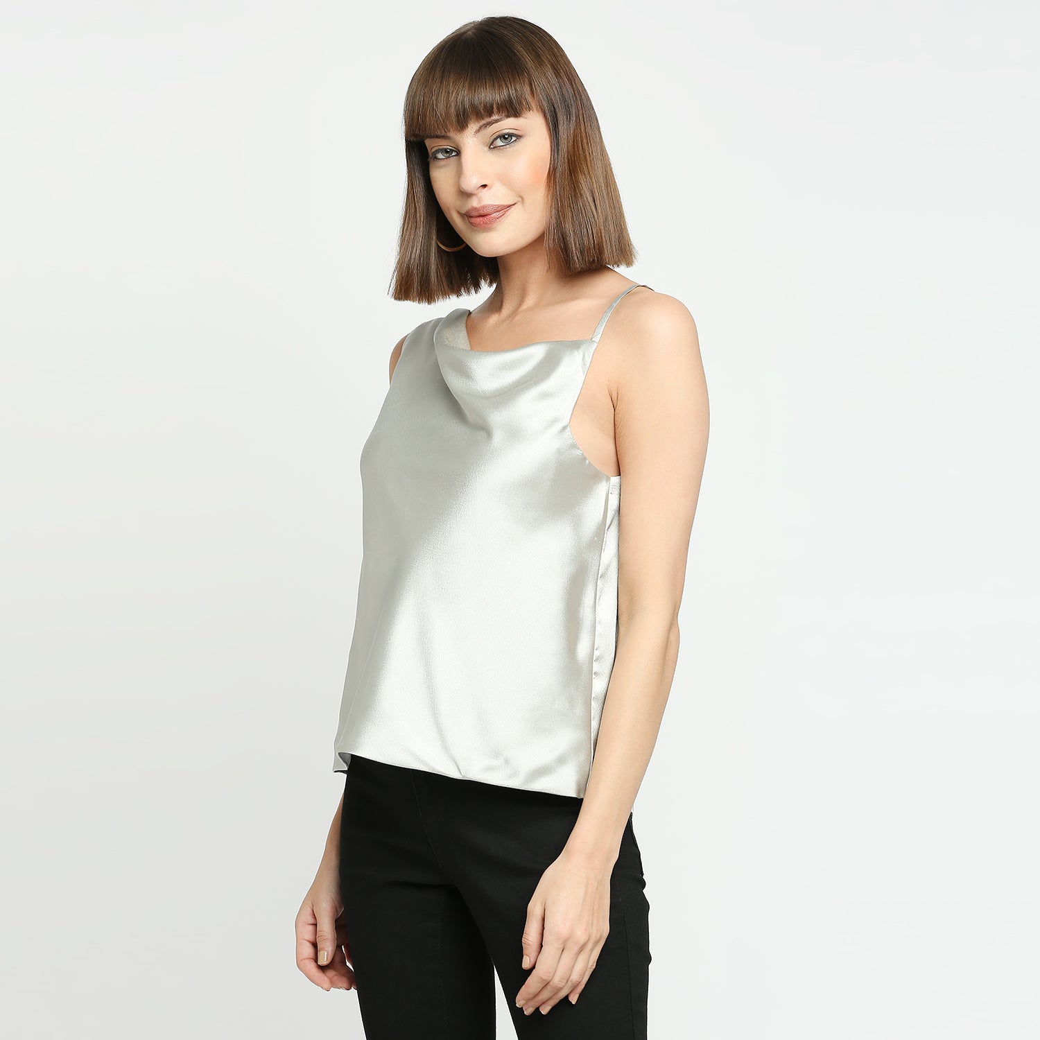 Silver Mist Japan Satin One-Shoulder Spaghetti Strap Top