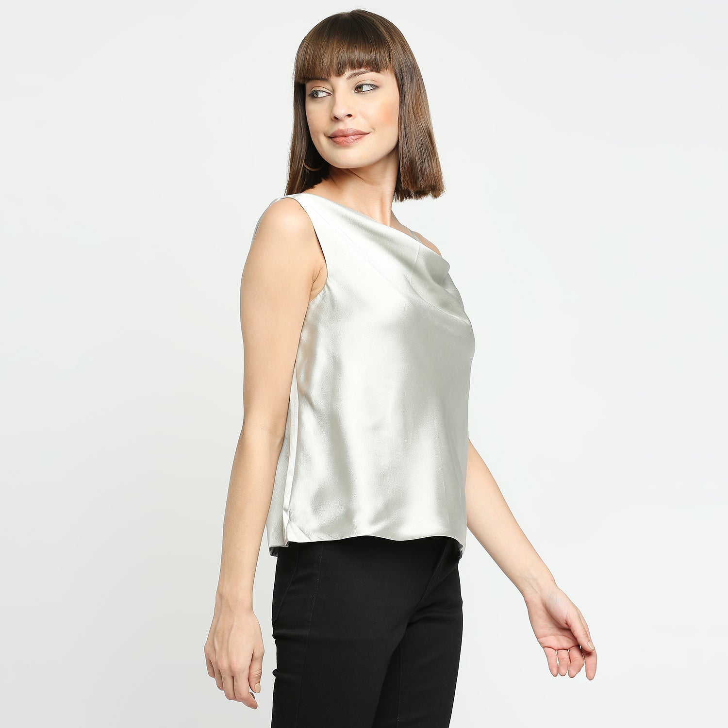 Silver Mist Japan Satin One-Shoulder Spaghetti Strap Top