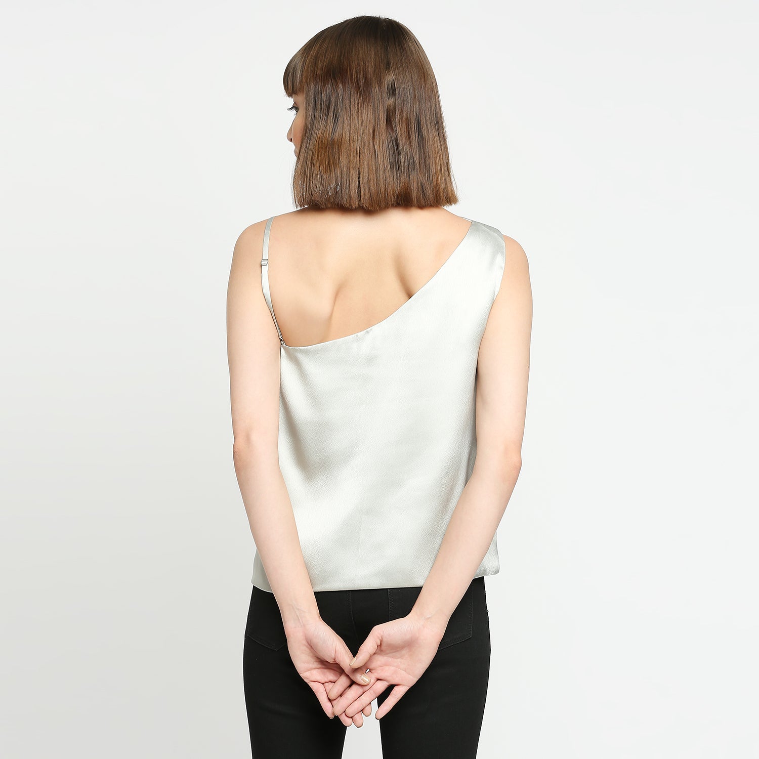 Silver Mist Japan Satin One-Shoulder Spaghetti Strap Top