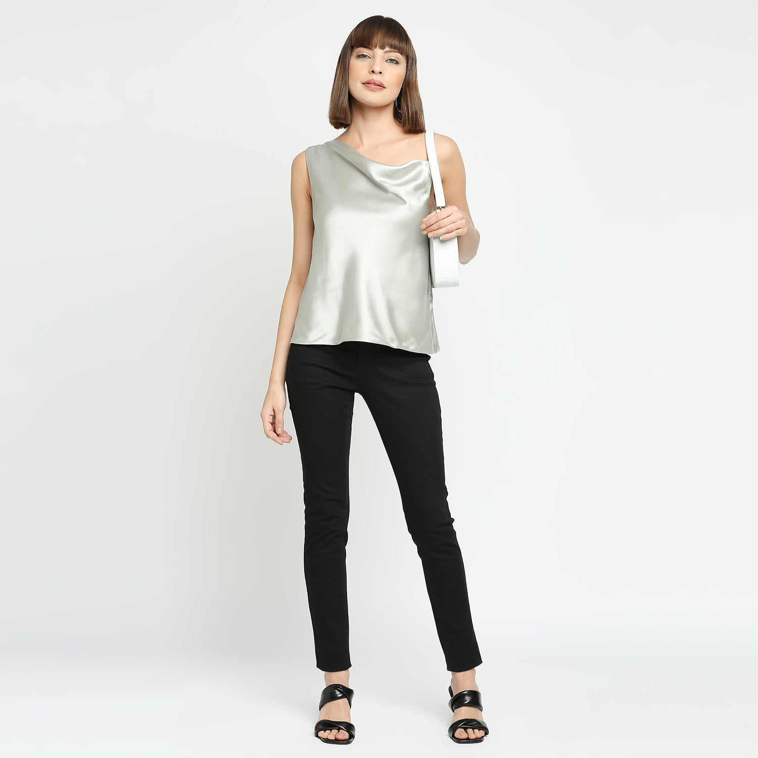 Silver Mist Japan Satin One-Shoulder Spaghetti Strap Top