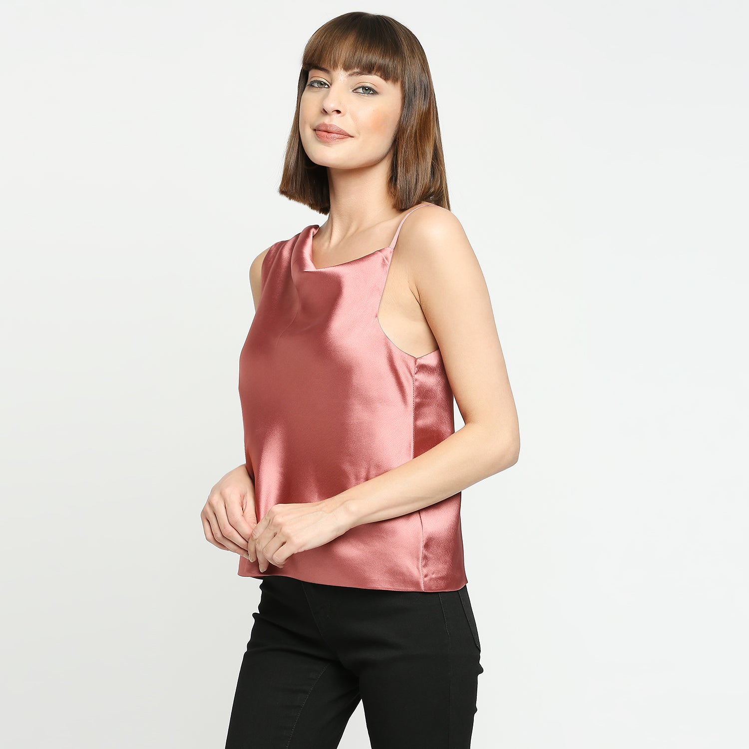 Rose Gold Japan Satin One-Shoulder Spaghetti Strap Top