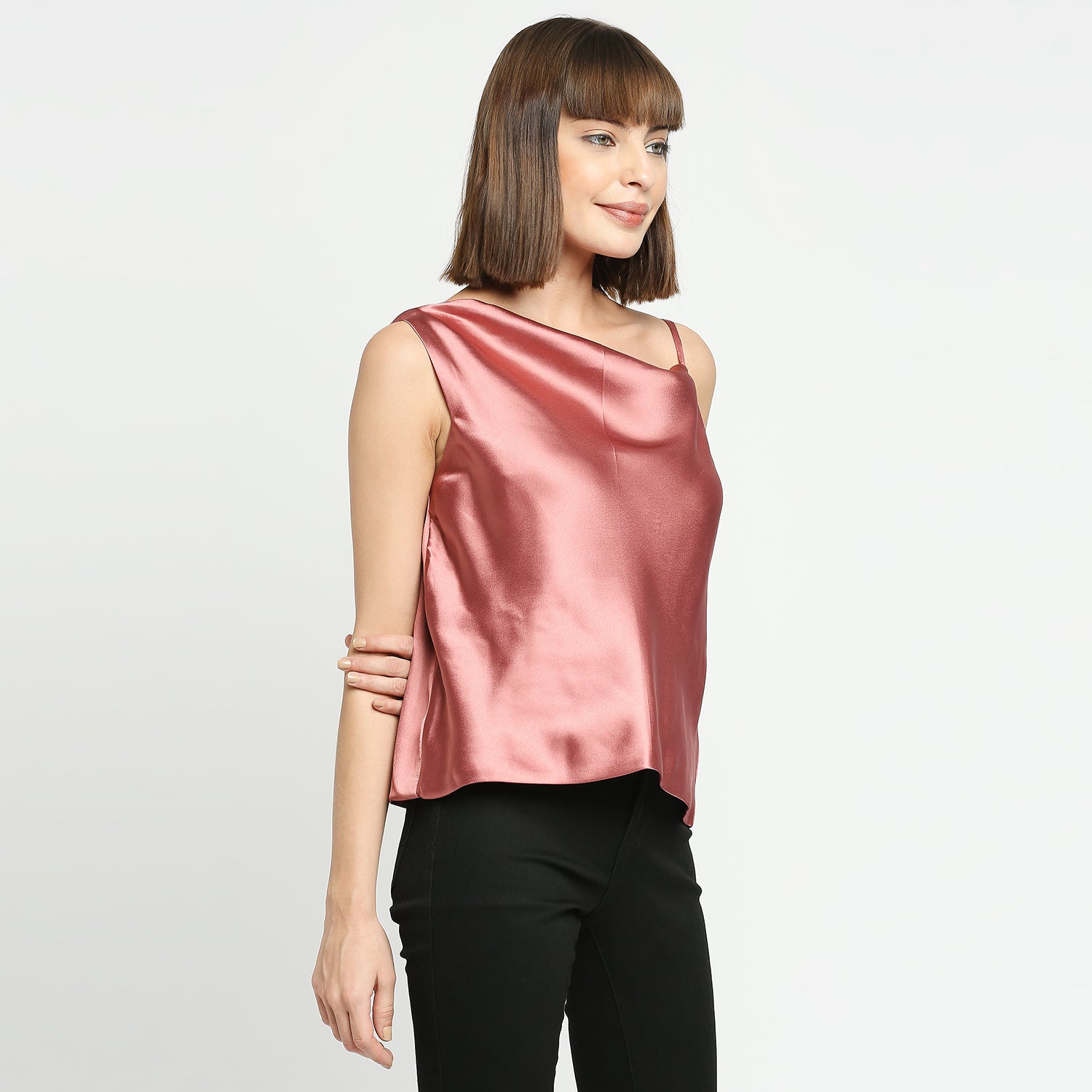 Rose Gold Japan Satin One-Shoulder Spaghetti Strap Top