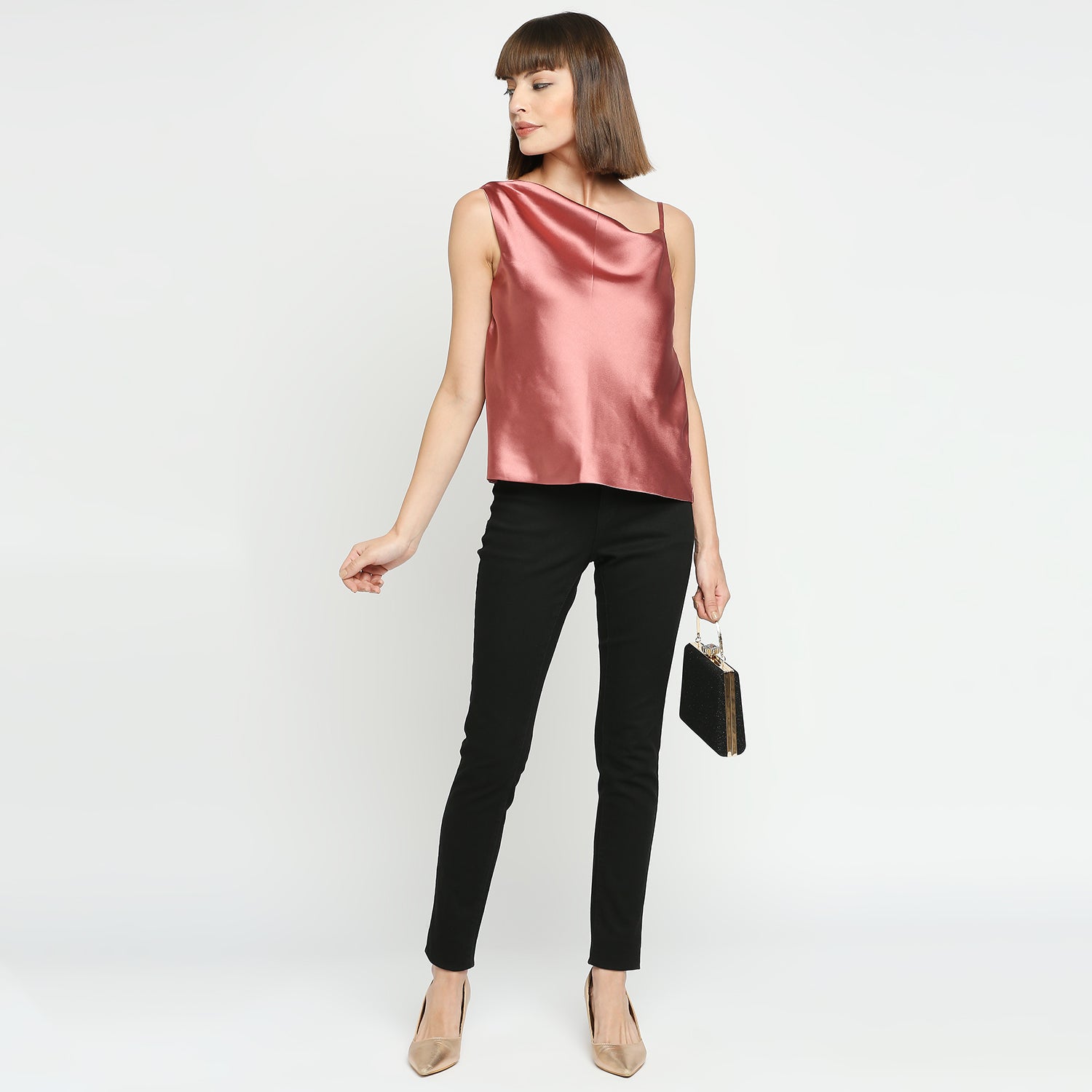 Rose Gold Japan Satin One-Shoulder Spaghetti Strap Top