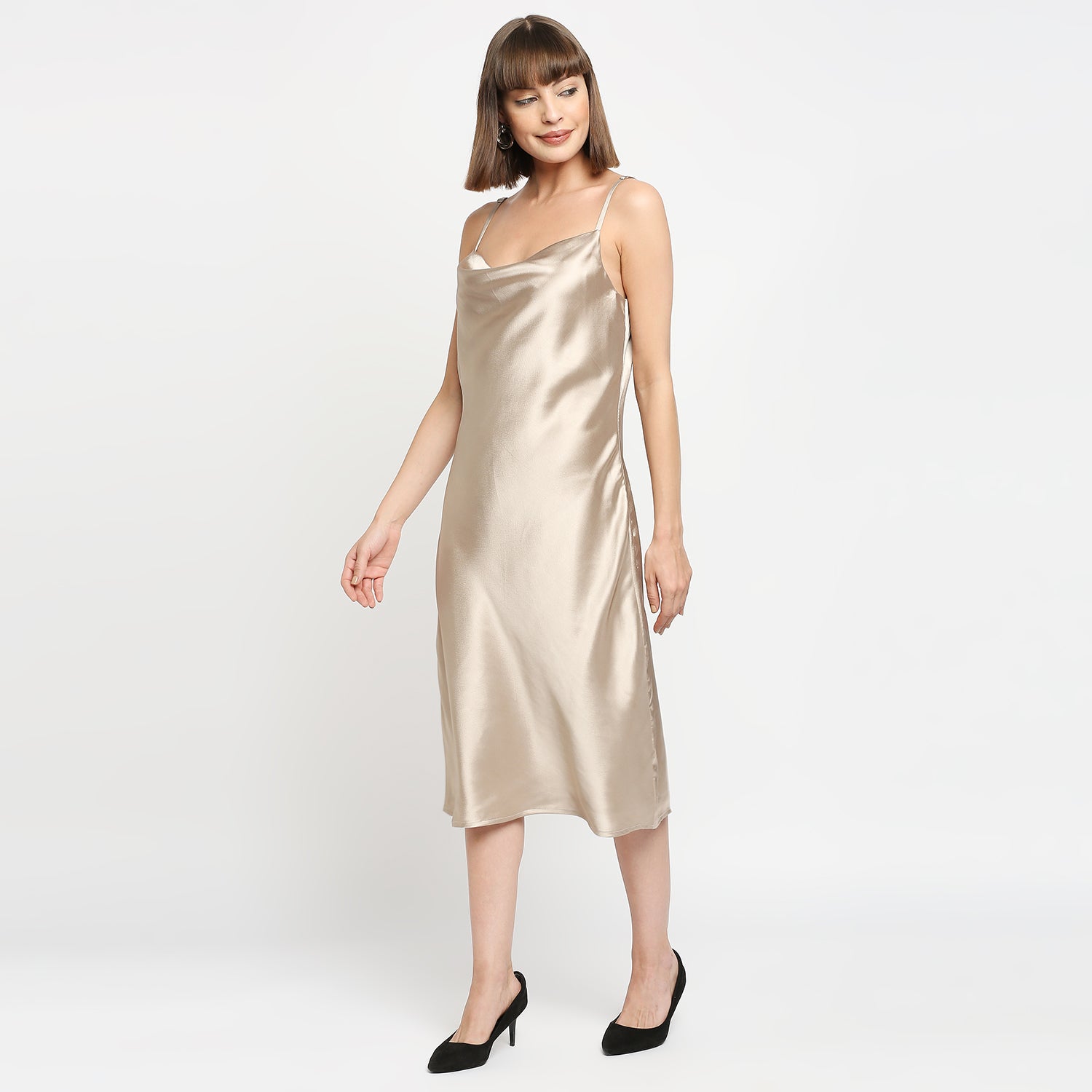 Champagne Gold Japan Satin Cowl-neck Slip Midi Dress