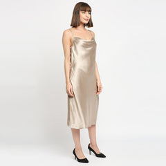 Champagne Gold Japan Satin Cowl-neck Slip Midi Dress