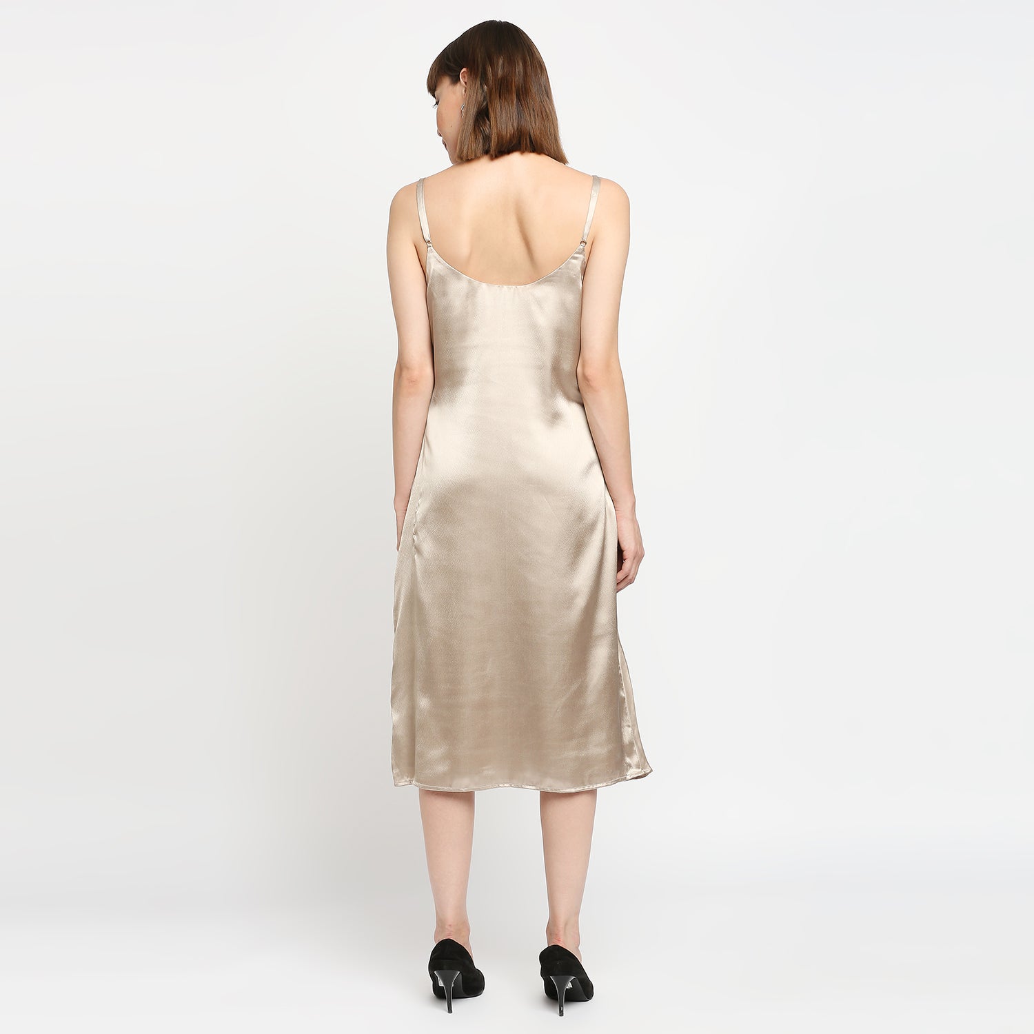 Champagne Gold Japan Satin Cowl-neck Slip Midi Dress