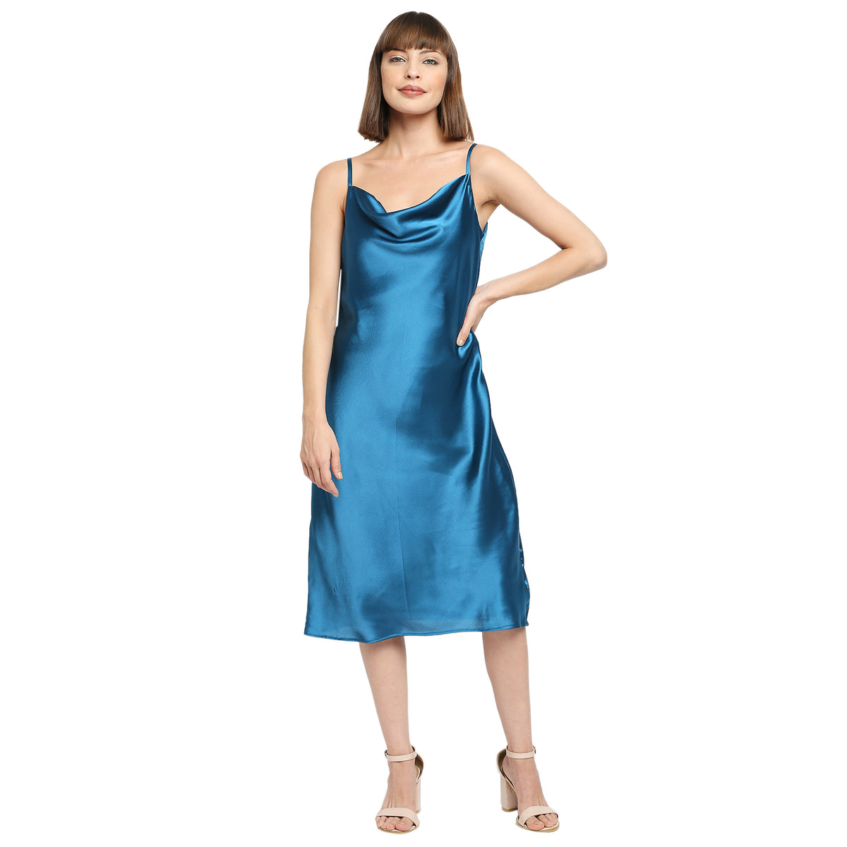 Petroleum Blue Japan Satin Cowl-neck Slip Midi Dress