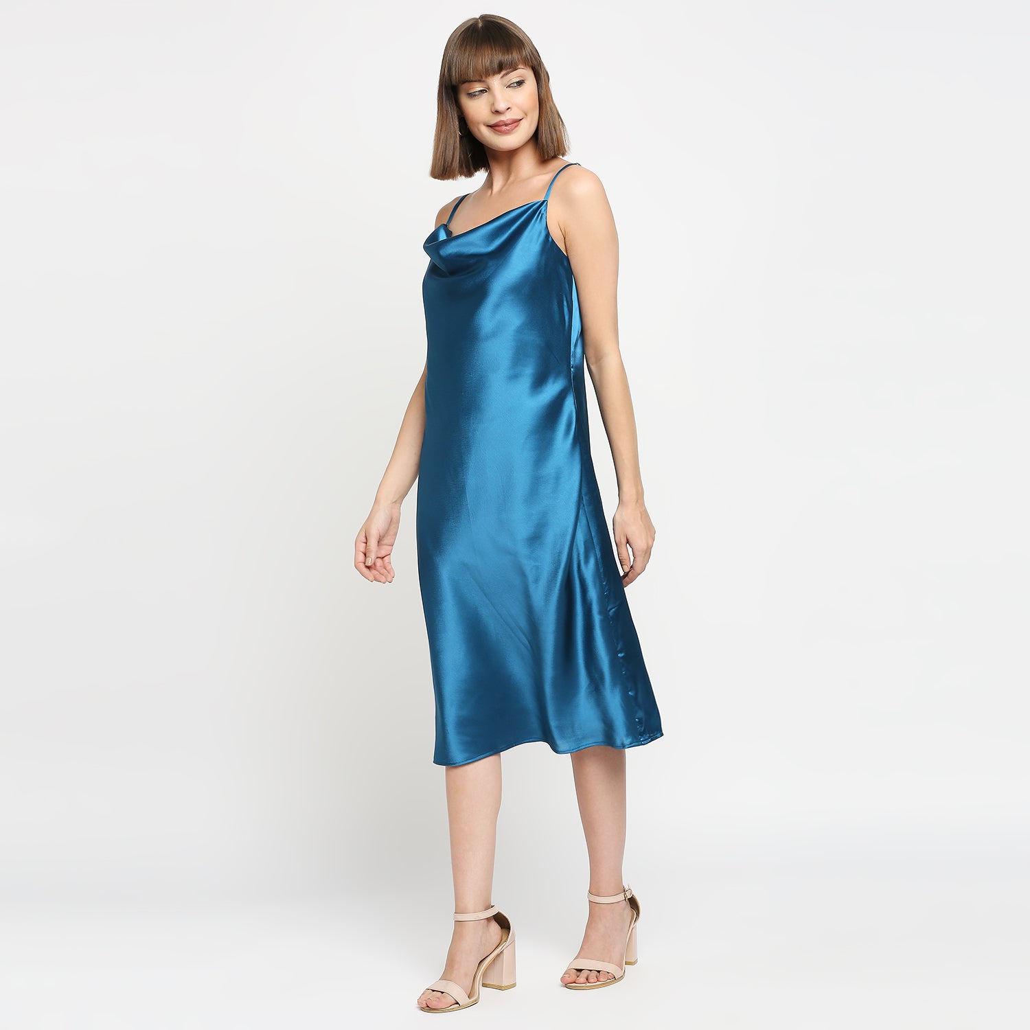 Petroleum Blue Japan Satin Cowl-neck Slip Midi Dress