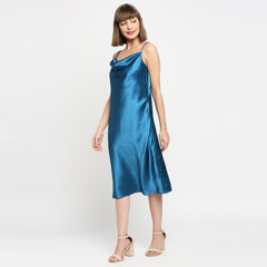 Petroleum Blue Japan Satin Cowl-neck Slip Midi Dress