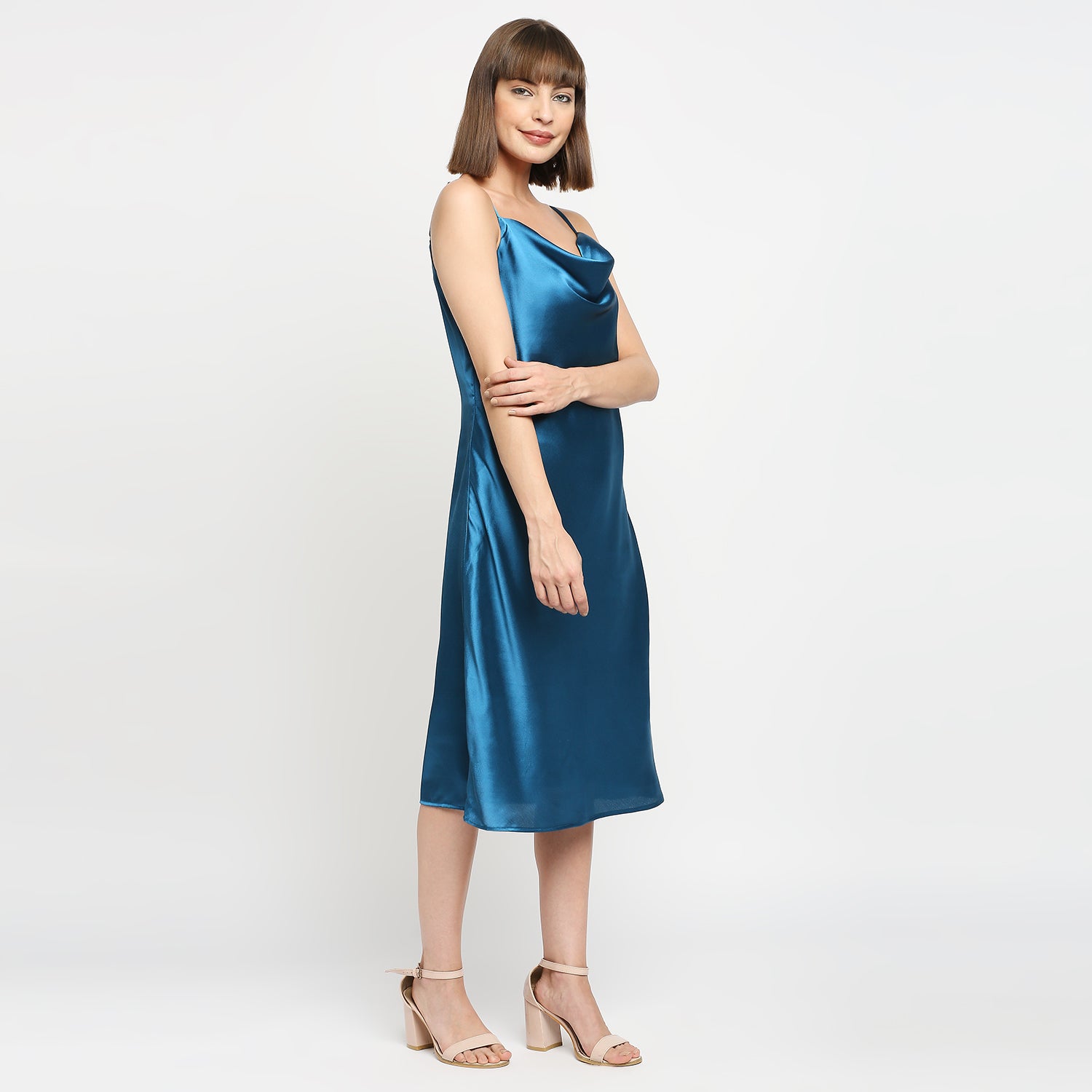 Petroleum Blue Japan Satin Cowl-neck Slip Midi Dress