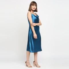 Petroleum Blue Japan Satin Cowl-neck Slip Midi Dress