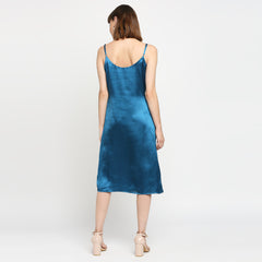 Petroleum Blue Japan Satin Cowl-neck Slip Midi Dress