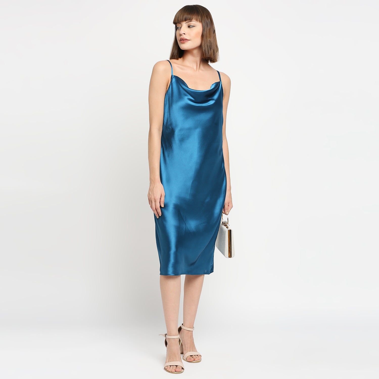 Petroleum Blue Japan Satin Cowl-neck Slip Midi Dress