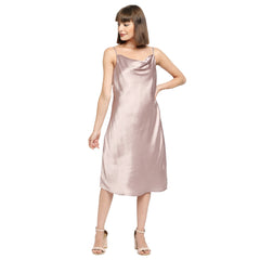 Champagne Silver Japan Satin Cowl-neck Slip Midi Dress