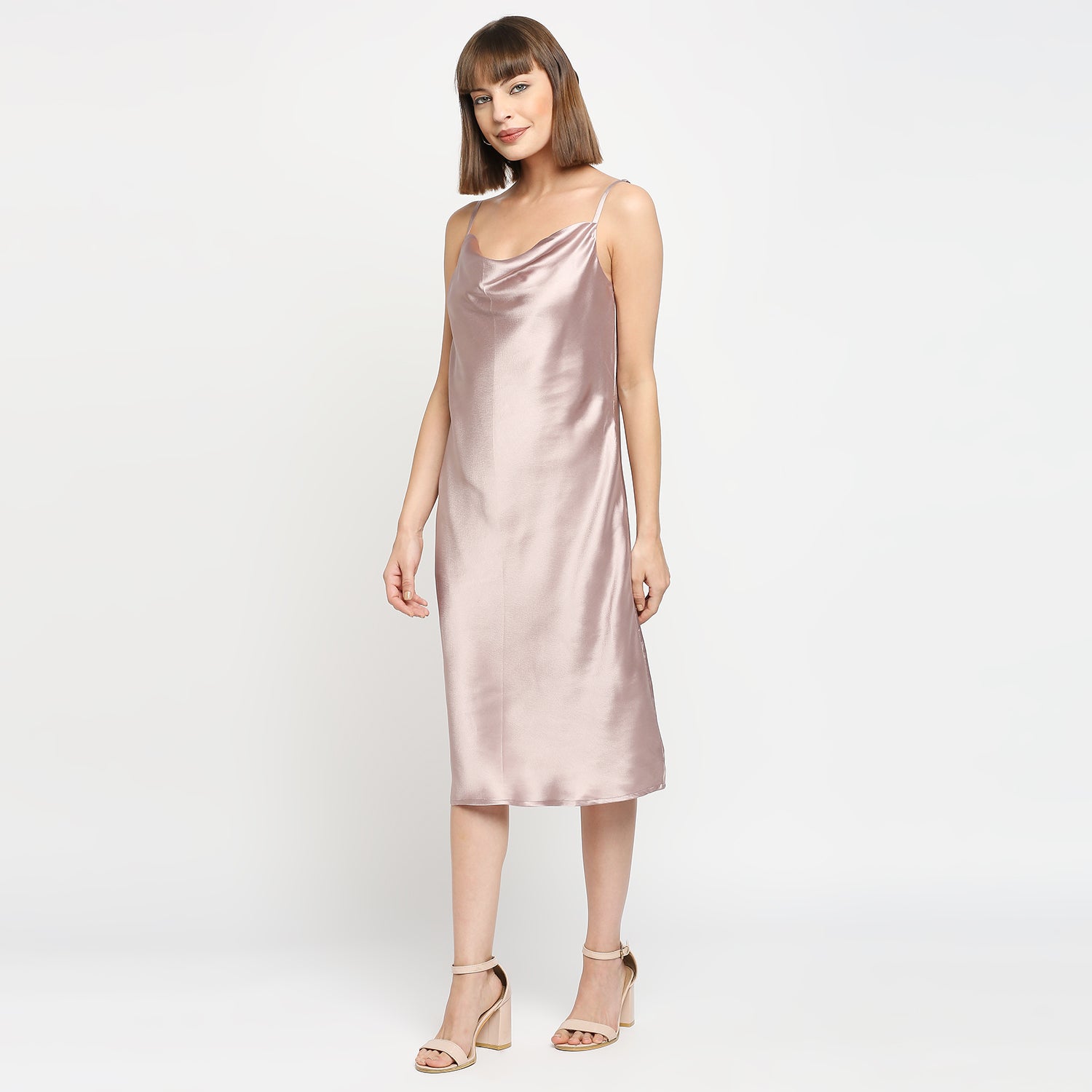 Champagne Silver Japan Satin Cowl-neck Slip Midi Dress