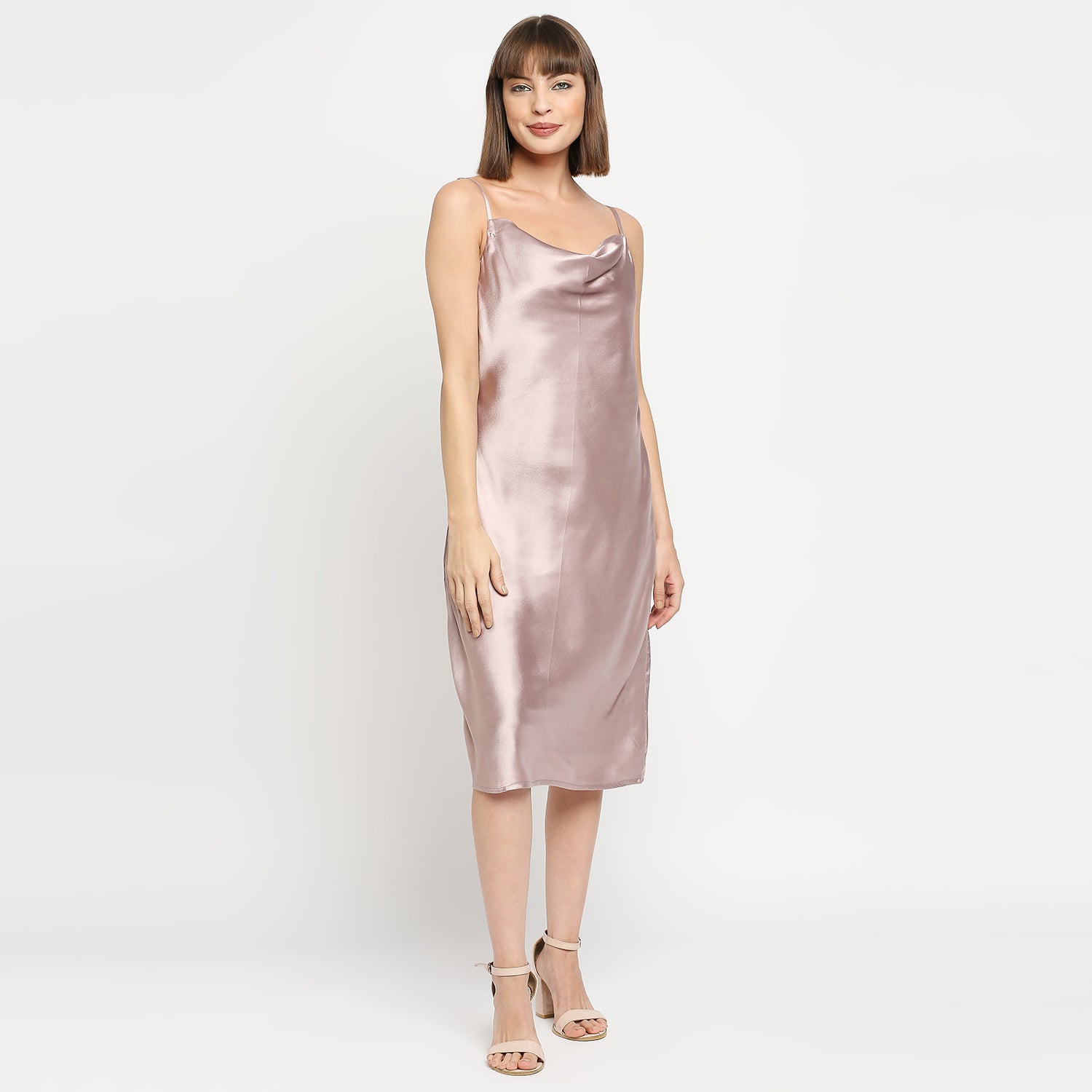 Champagne Silver Japan Satin Cowl-neck Slip Midi Dress