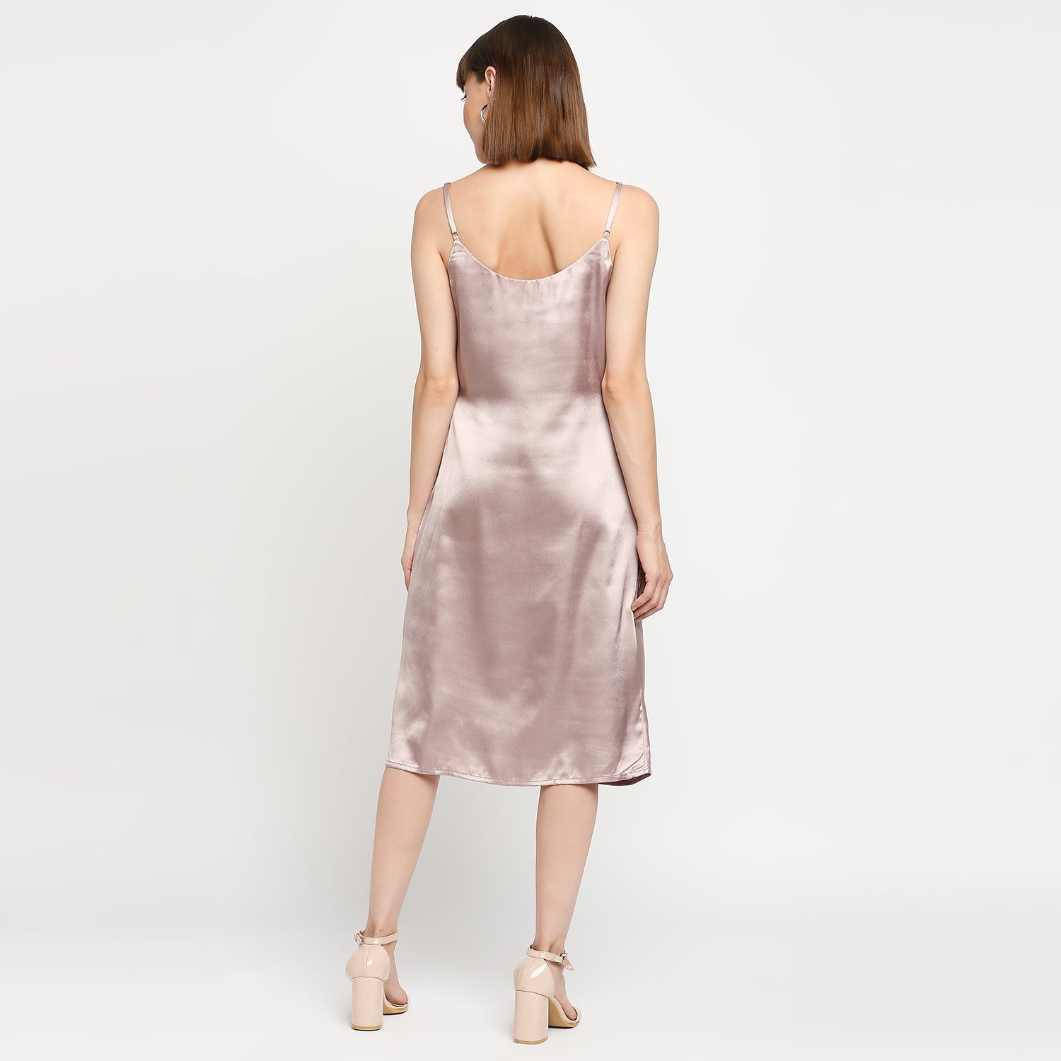 Champagne Silver Japan Satin Cowl-neck Slip Midi Dress