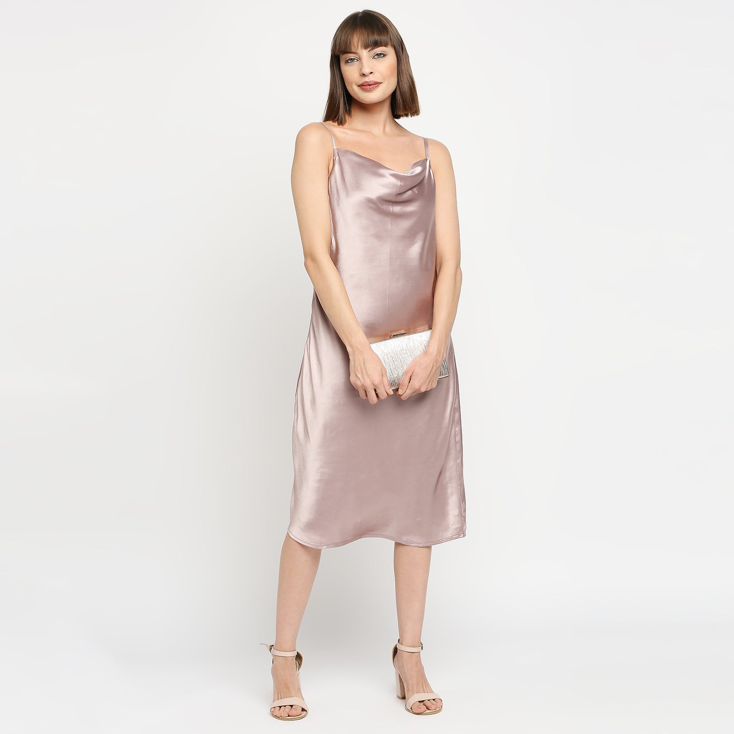 Champagne Silver Japan Satin Cowl-neck Slip Midi Dress