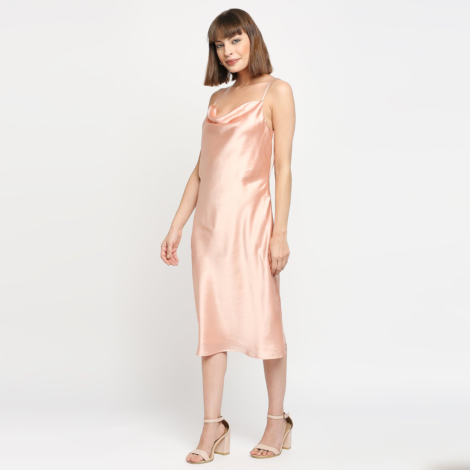 Peach Japan Satin Cowl-neck Slip Midi Dress