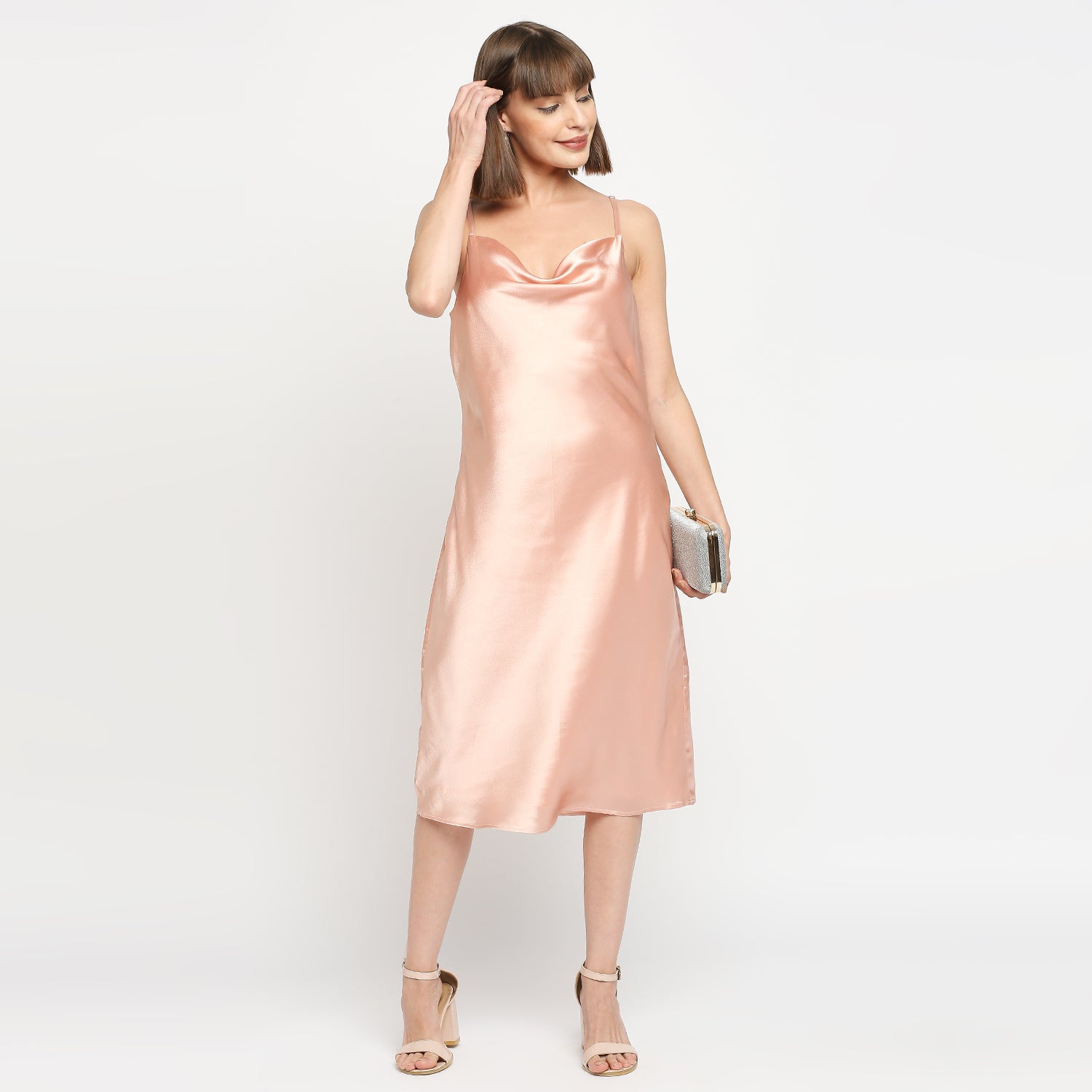 Peach Japan Satin Cowl-neck Slip Midi Dress