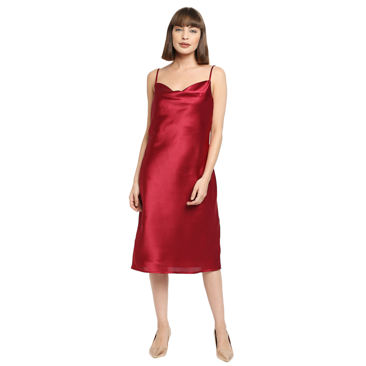 Ruby Red Japan Satin Cowl-neck Slip Midi Dress