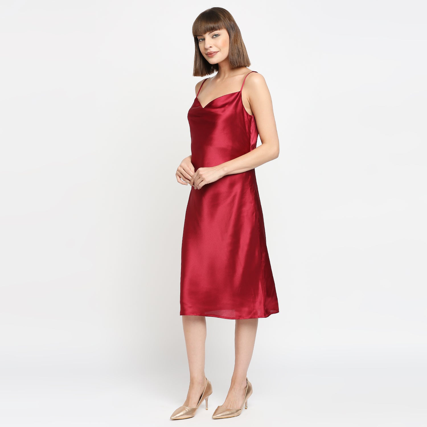 Ruby Red Japan Satin Cowl-neck Slip Midi Dress