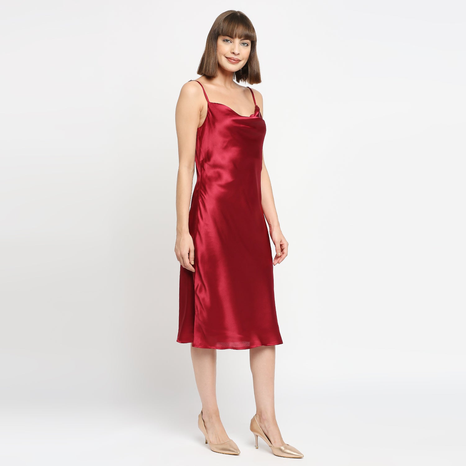 Ruby Red Japan Satin Cowl-neck Slip Midi Dress