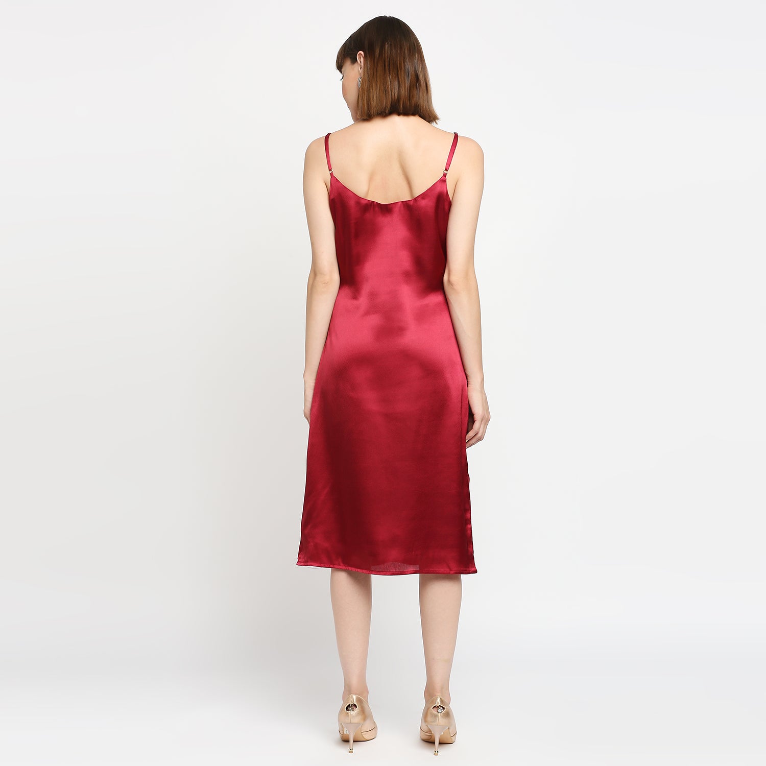 Ruby Red Japan Satin Cowl-neck Slip Midi Dress