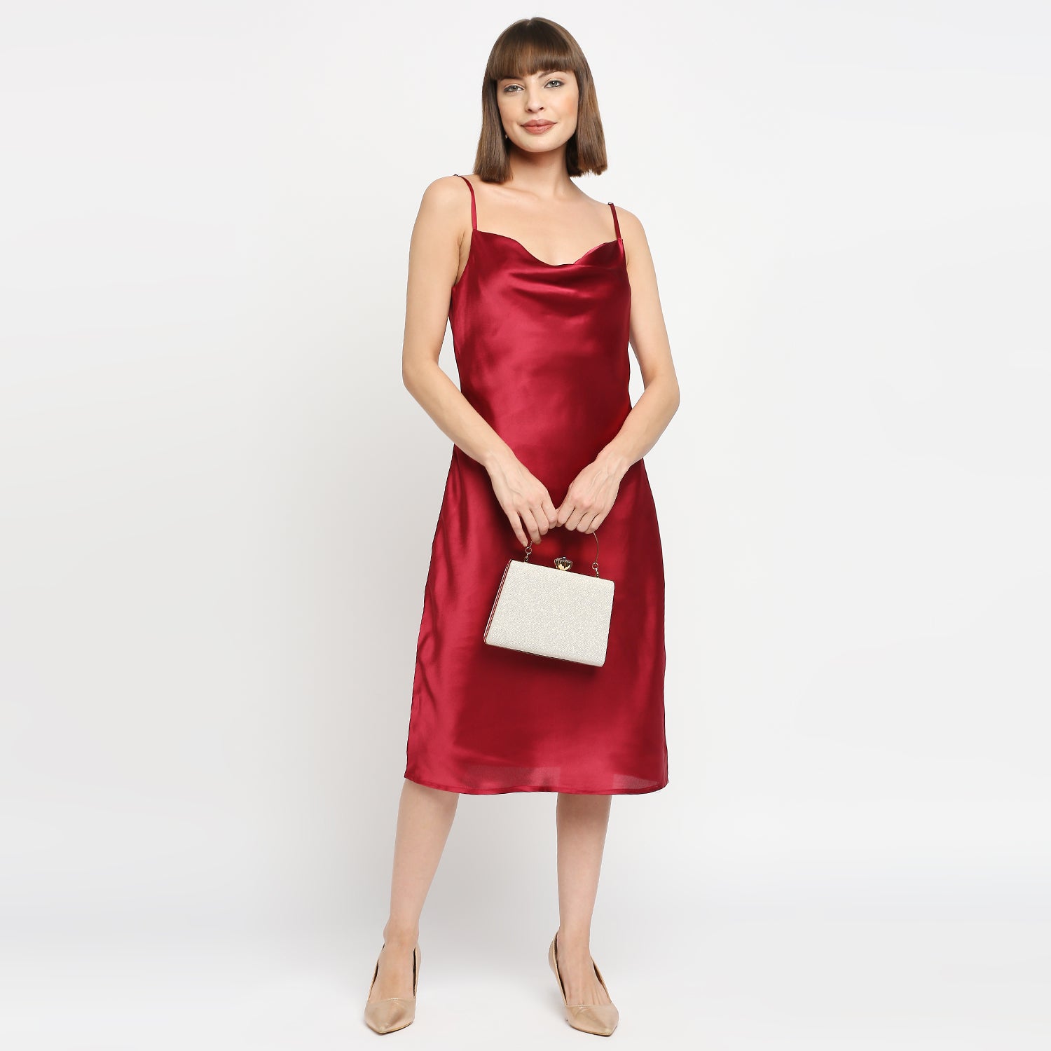 Ruby Red Japan Satin Cowl-neck Slip Midi Dress