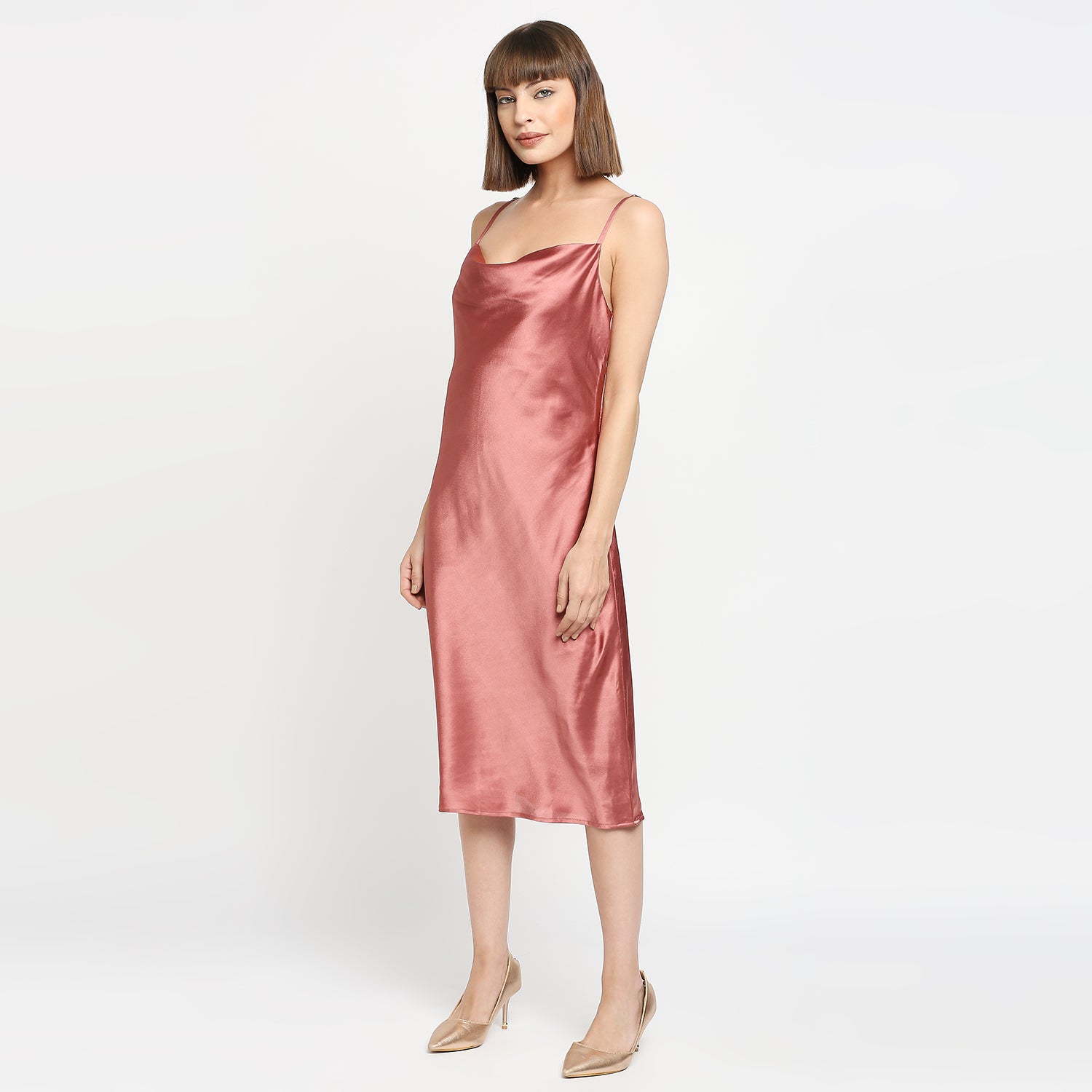 Dusky Rose Japan Satin Cowl-neck Slip Midi Dress