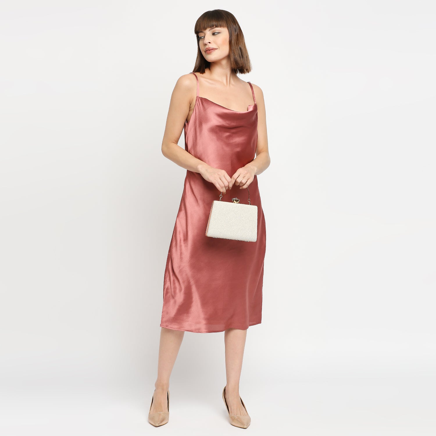 Dusky Rose Japan Satin Cowl-neck Slip Midi Dress