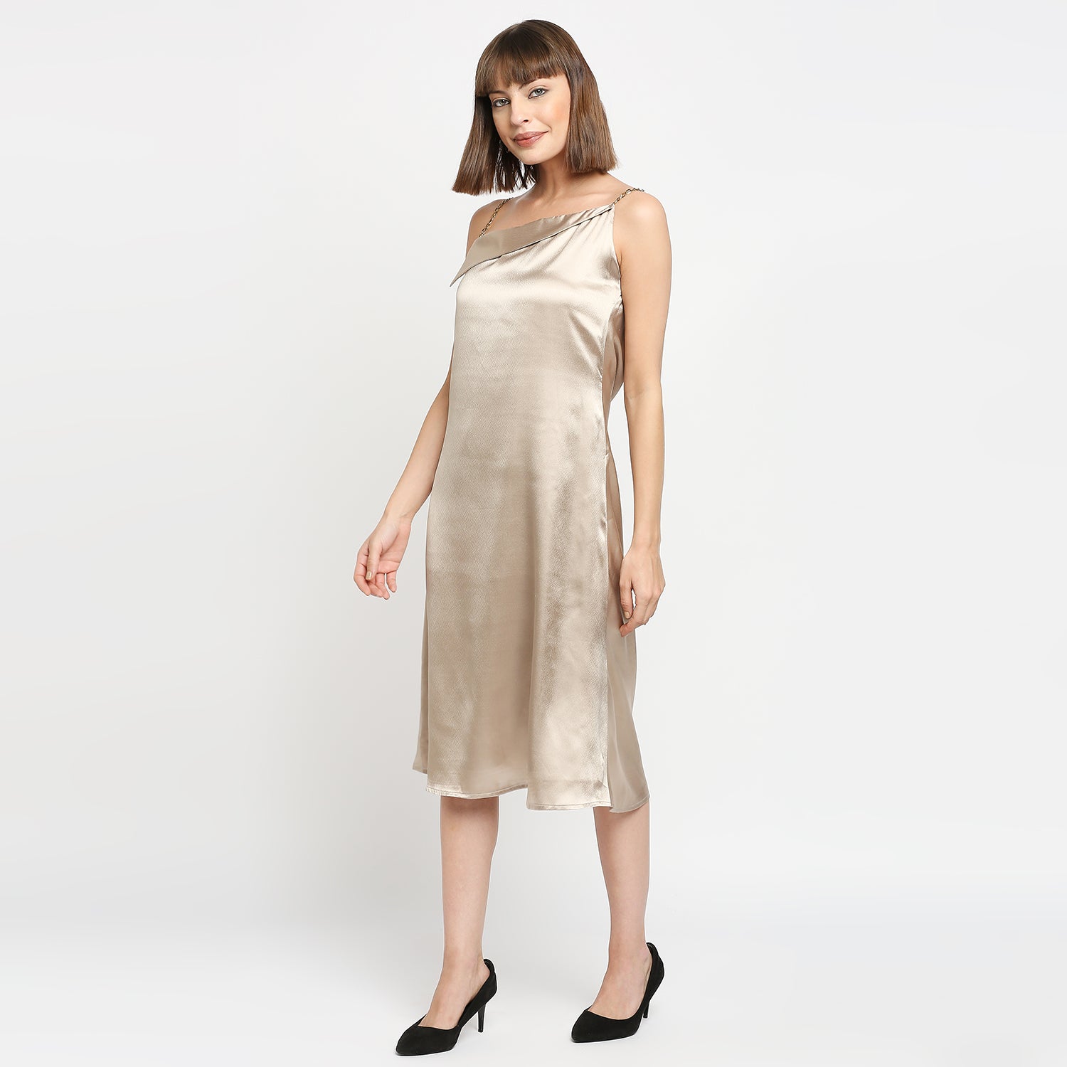 Champagne Japan Satin Chain Strap Slip Midi Dress