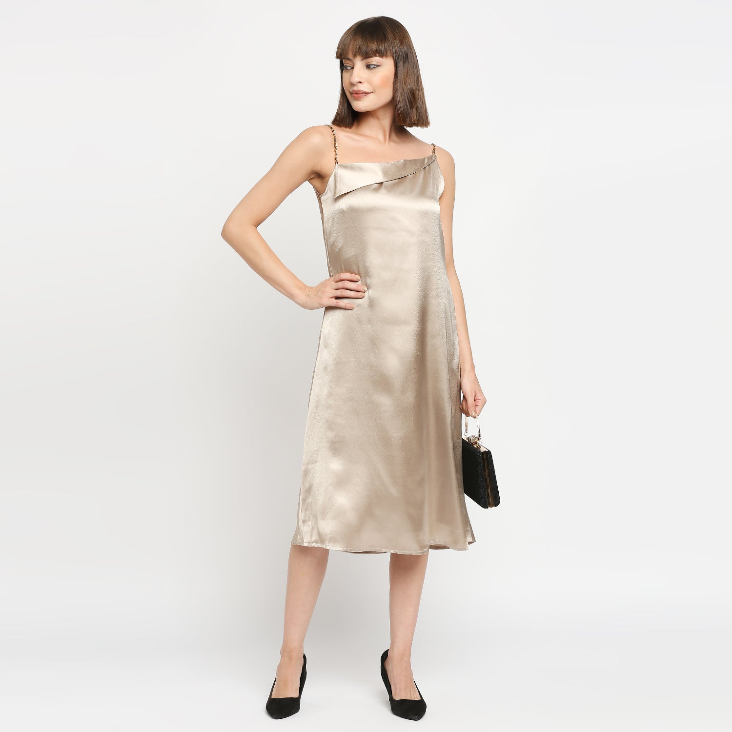 Champagne Japan Satin Chain Strap Slip Midi Dress