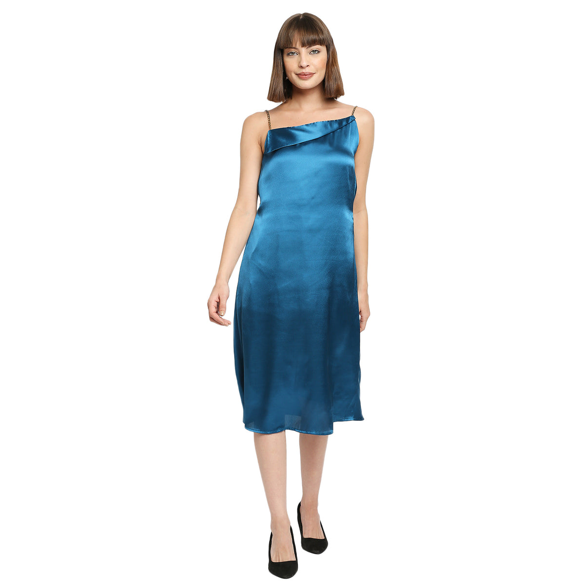 Teal Blue Japan Satin Chain Strap Slip Midi Dress