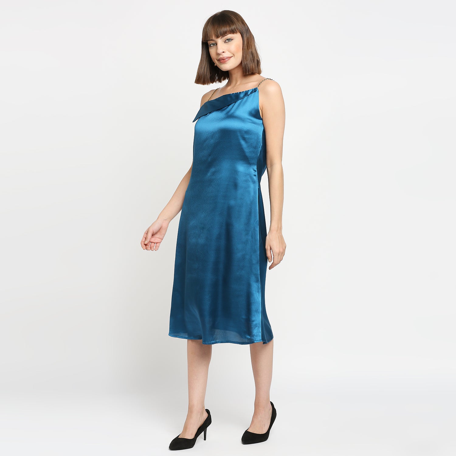 Teal Blue Japan Satin Chain Strap Slip Midi Dress