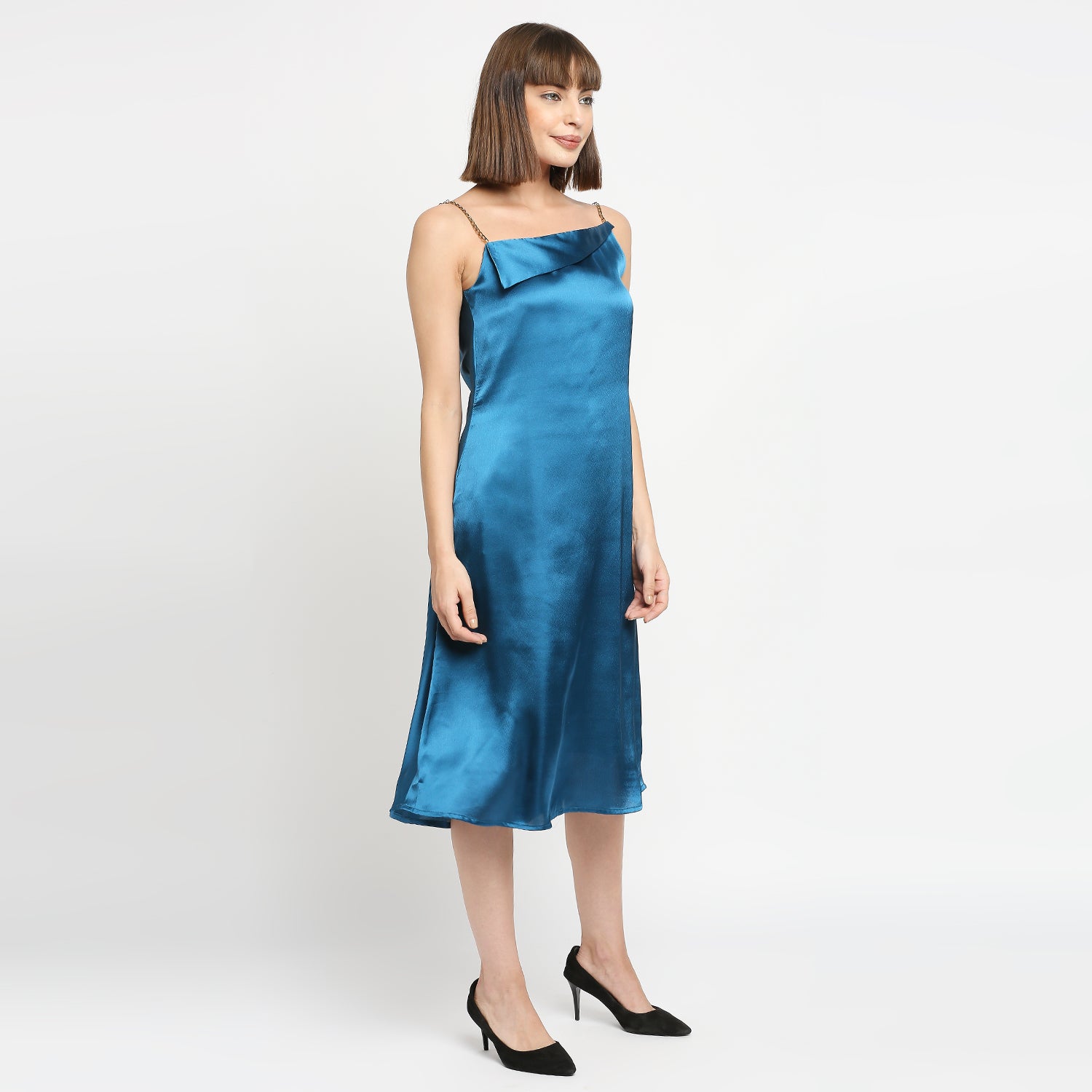 Teal Blue Japan Satin Chain Strap Slip Midi Dress