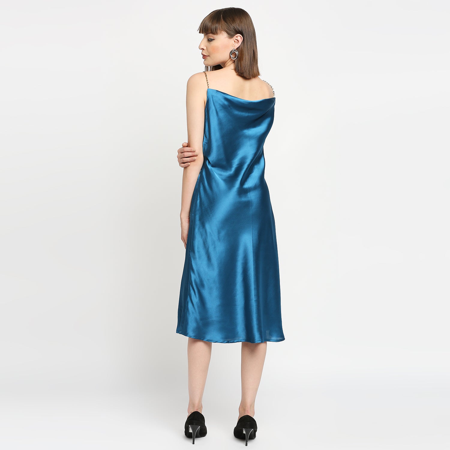 Teal Blue Japan Satin Chain Strap Slip Midi Dress