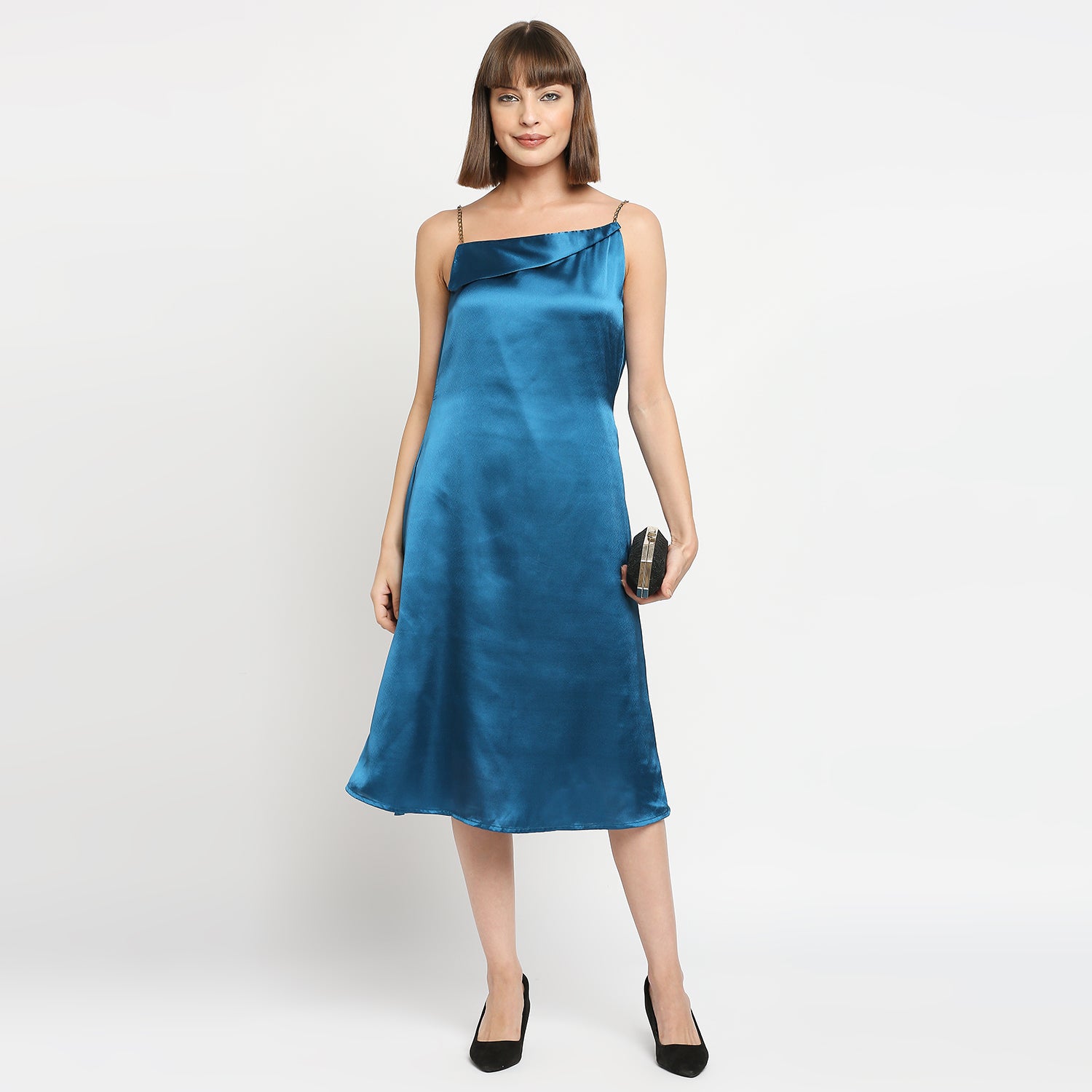 Teal Blue Japan Satin Chain Strap Slip Midi Dress