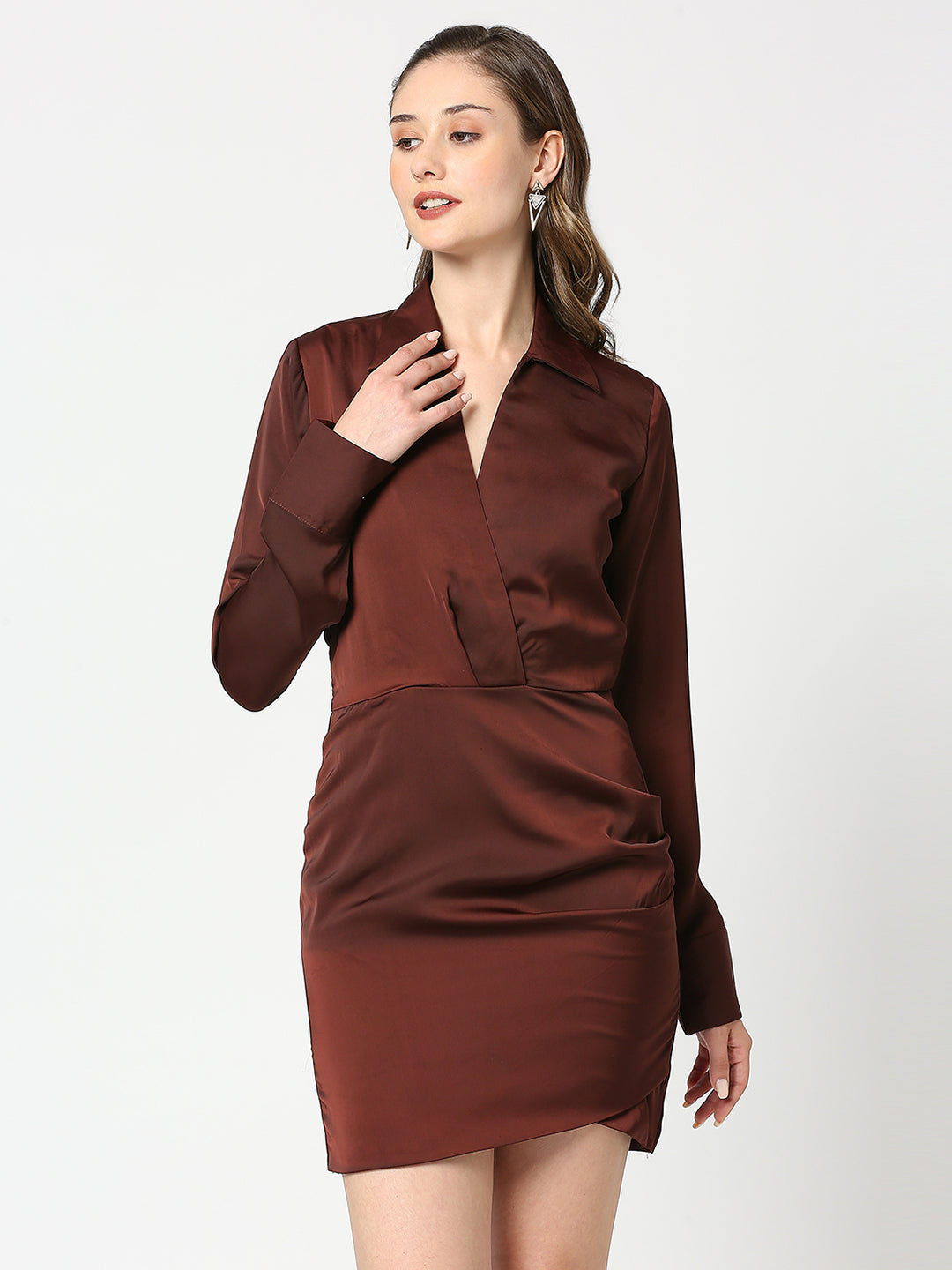 Dark Brown Satin Full Sleeve Dress