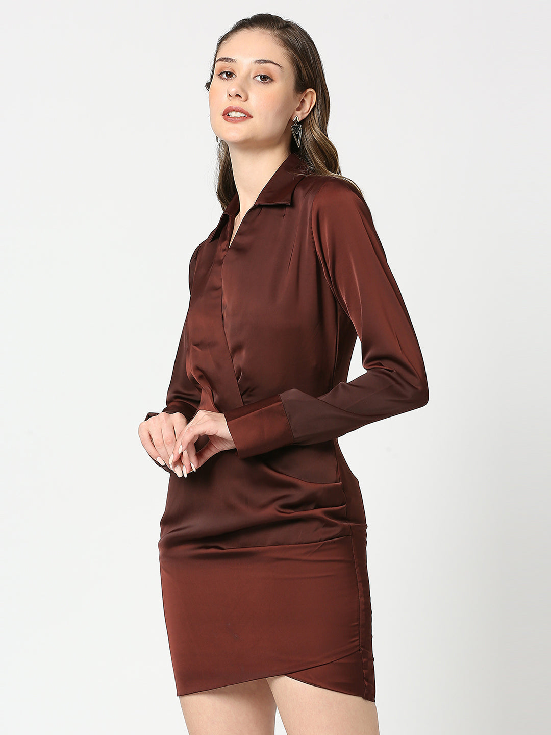 Dark Brown Satin Full Sleeve Dress