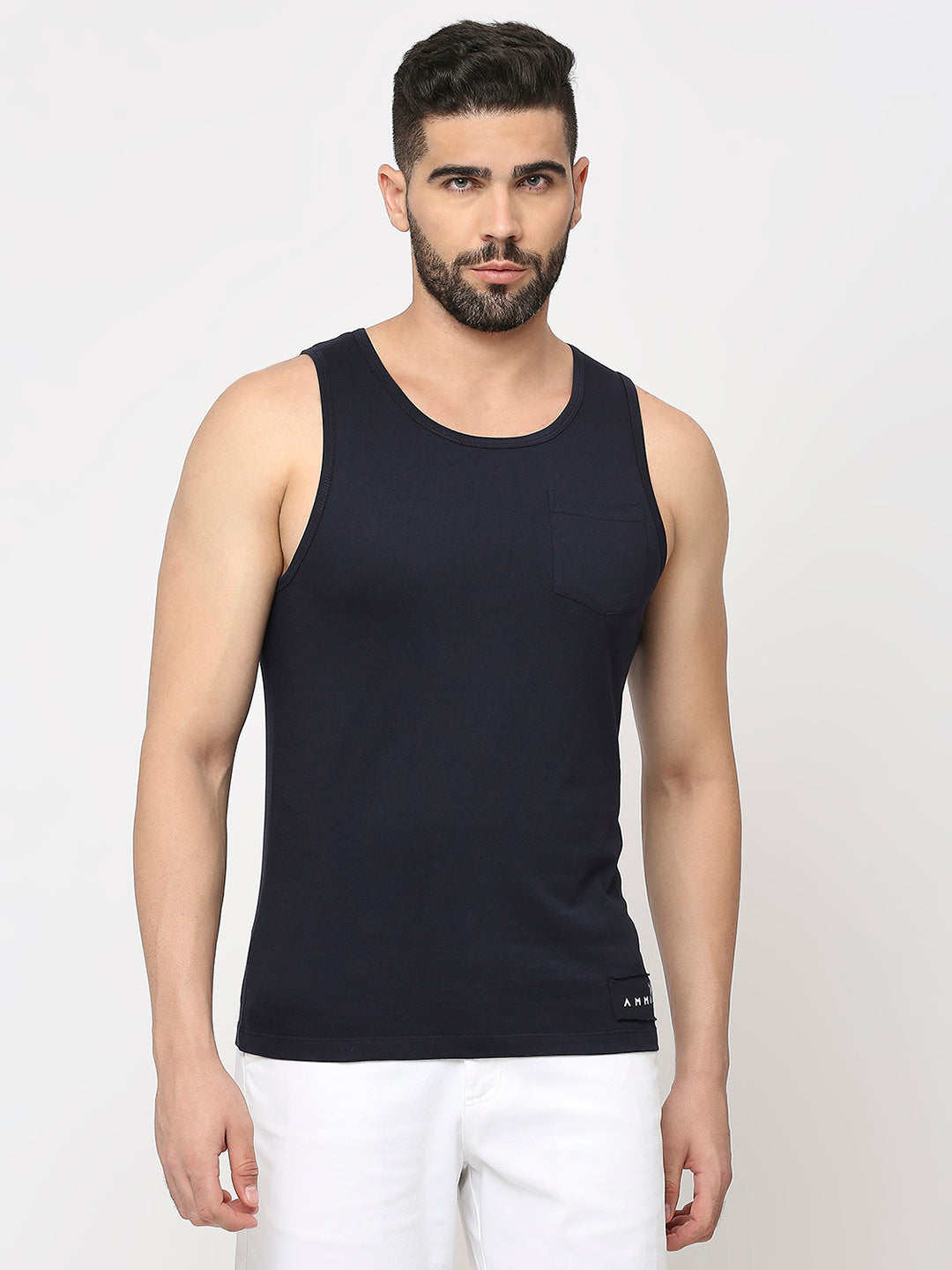 Navy Blue Cotton Lycra Plain Sando