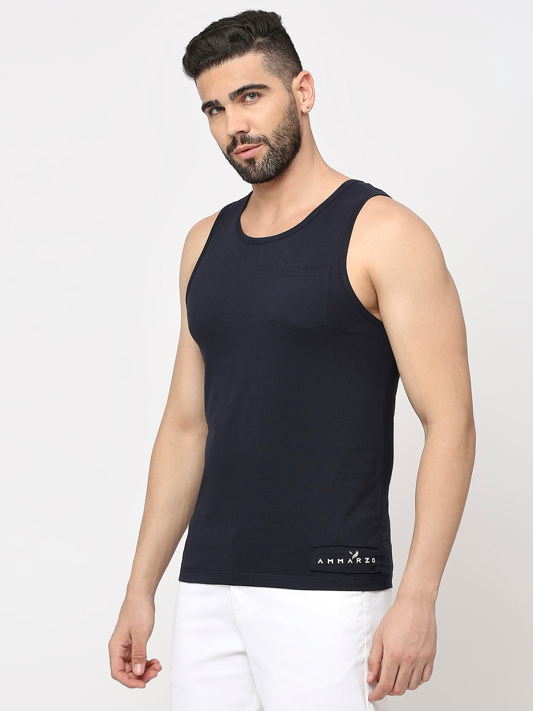 Navy Blue Cotton Lycra Plain Sando