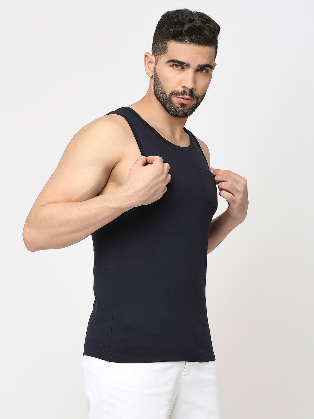 Navy Blue Cotton Lycra Plain Sando