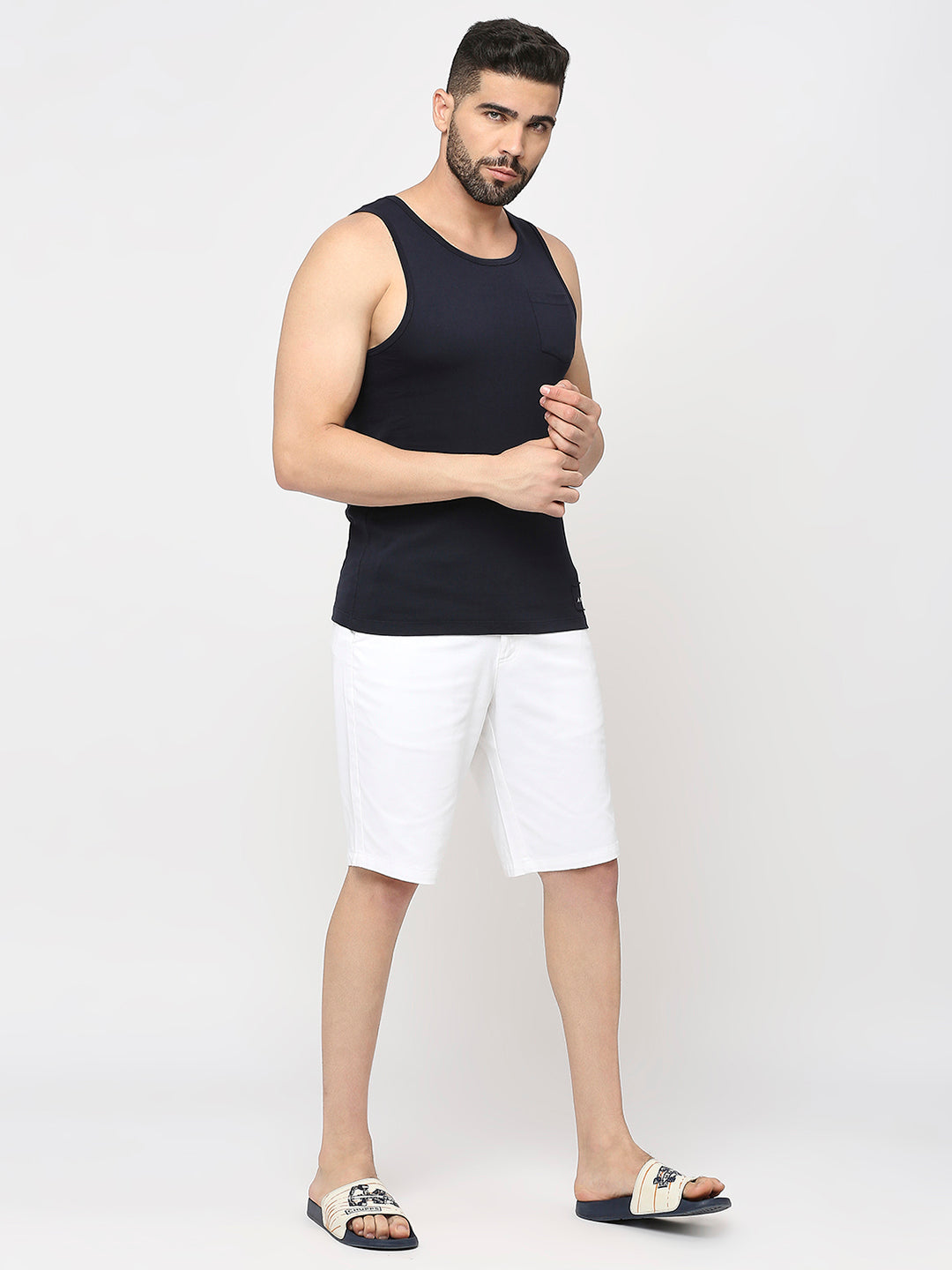 Navy Blue Cotton Lycra Plain Sando