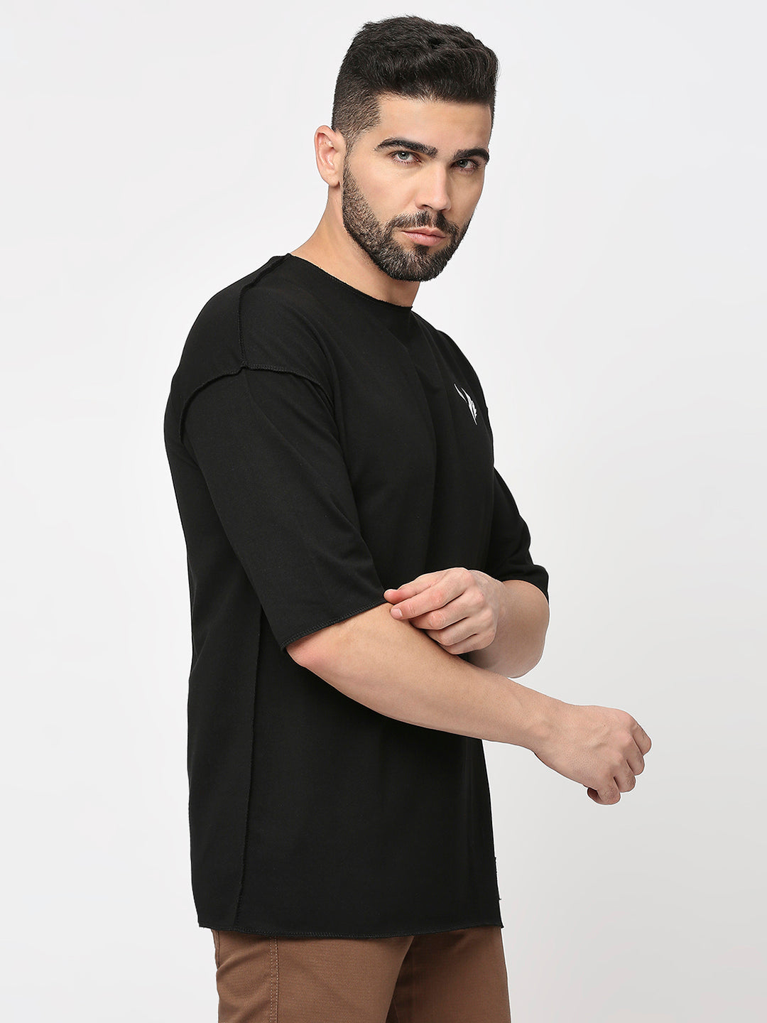 Black Cotton Terry 3/4 Sleeve Drop Shoulder T-Shirt