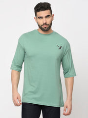 Sage Green 100% Cotton Lycra Back Print Drop Shoulder T-Shirt